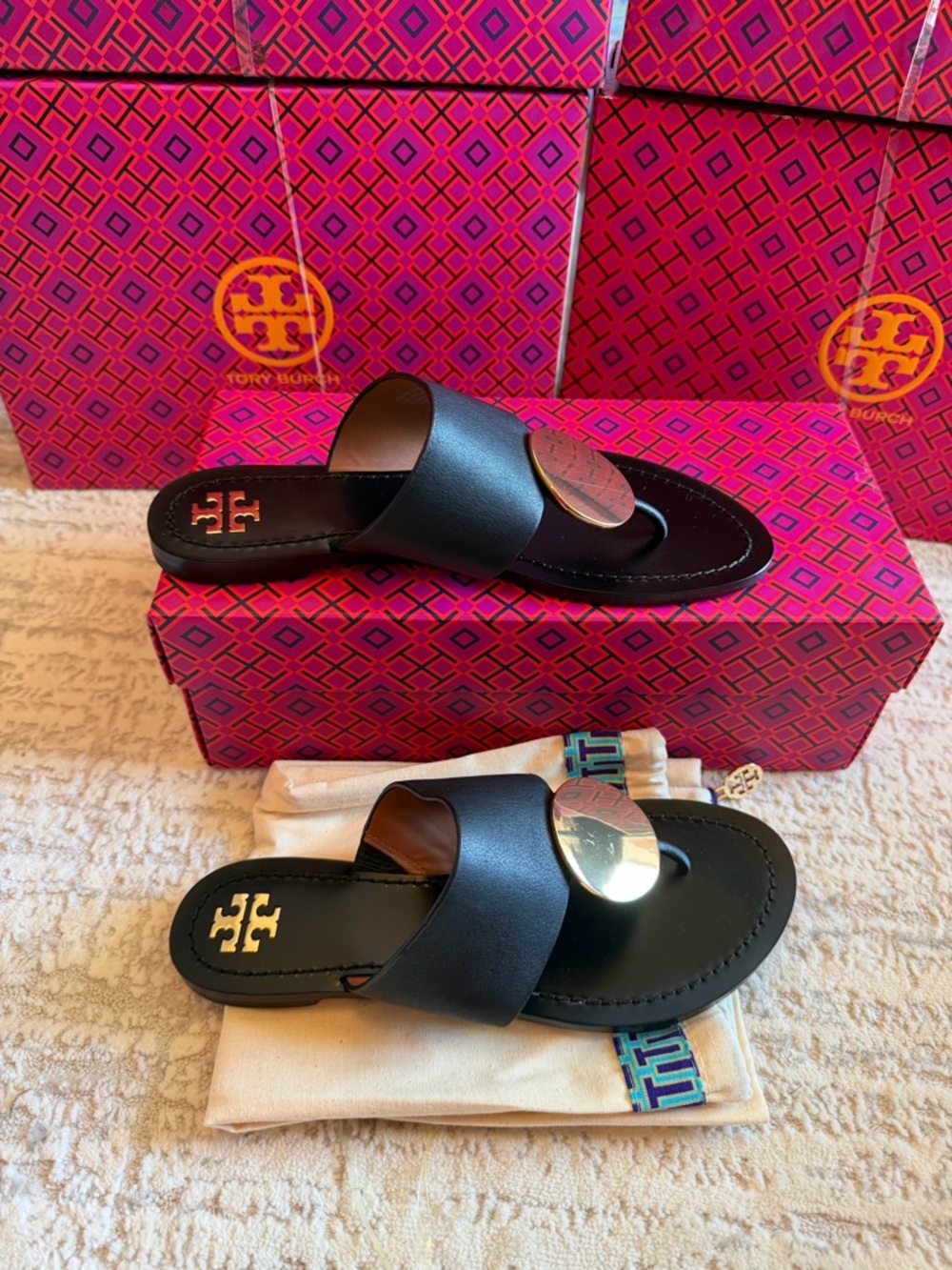Tory Burch Black Leather Slide Sandals with Gold Disc Accent